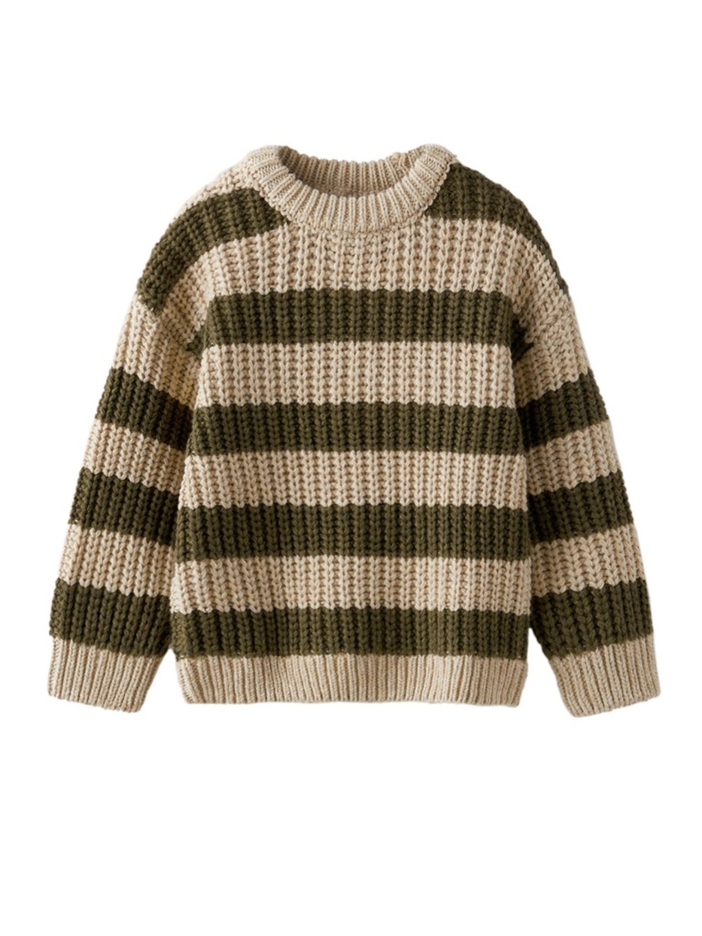 Zara Olive Green & Cream Striped Chunky Knit Sweater